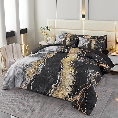 PERFEMET California King 6 Piece Bed in A Bag Black Watercolor Marble Printed Bedding Comforter with Sheets Colorful Stylish Retro Artwork Design Bedding Quilt Set(Black, Cal King)