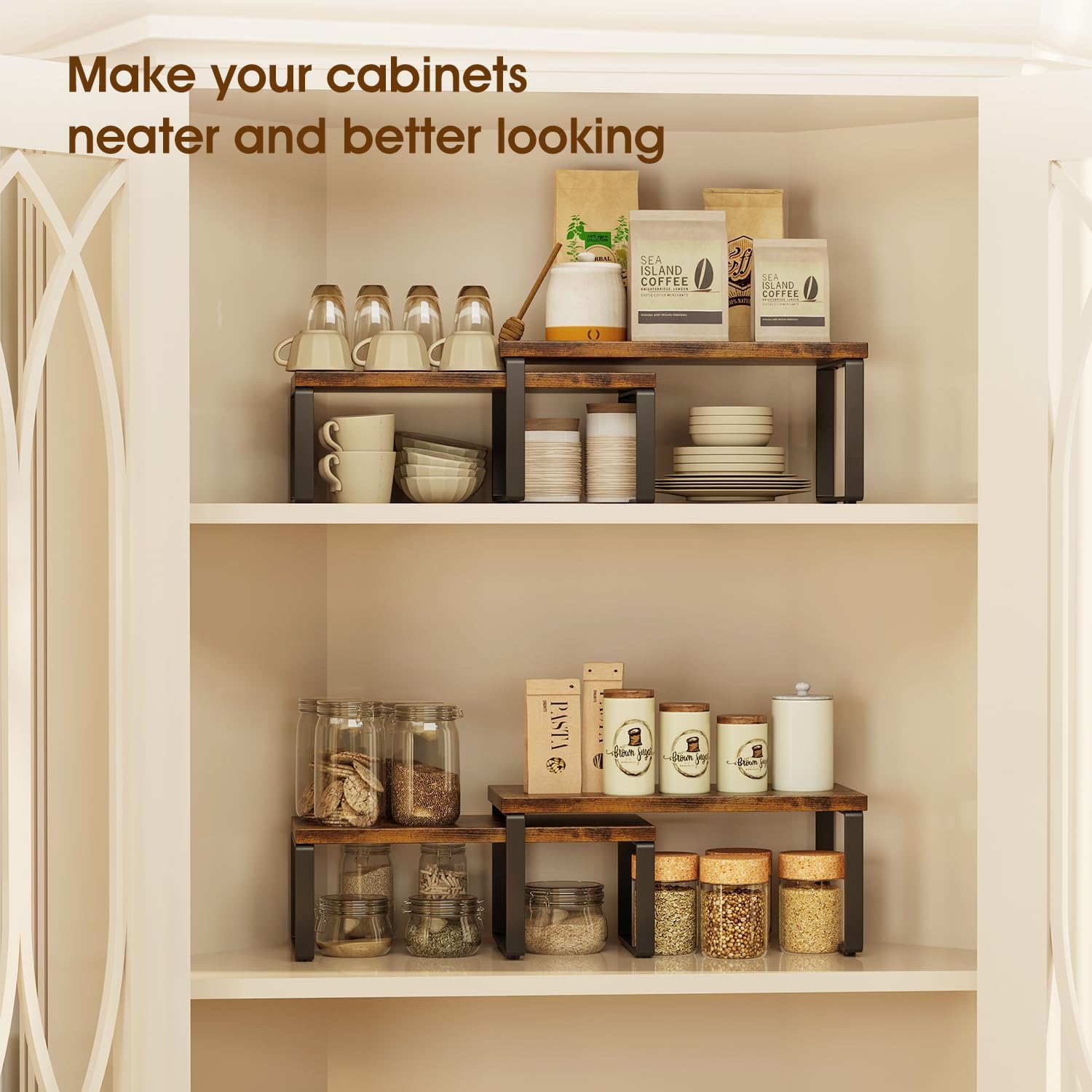 Homeiju cabinet organizers placed inside a kitchen cabinet, organizing coffee bags, cups, and plates, illustrating efficient cabinet space management.