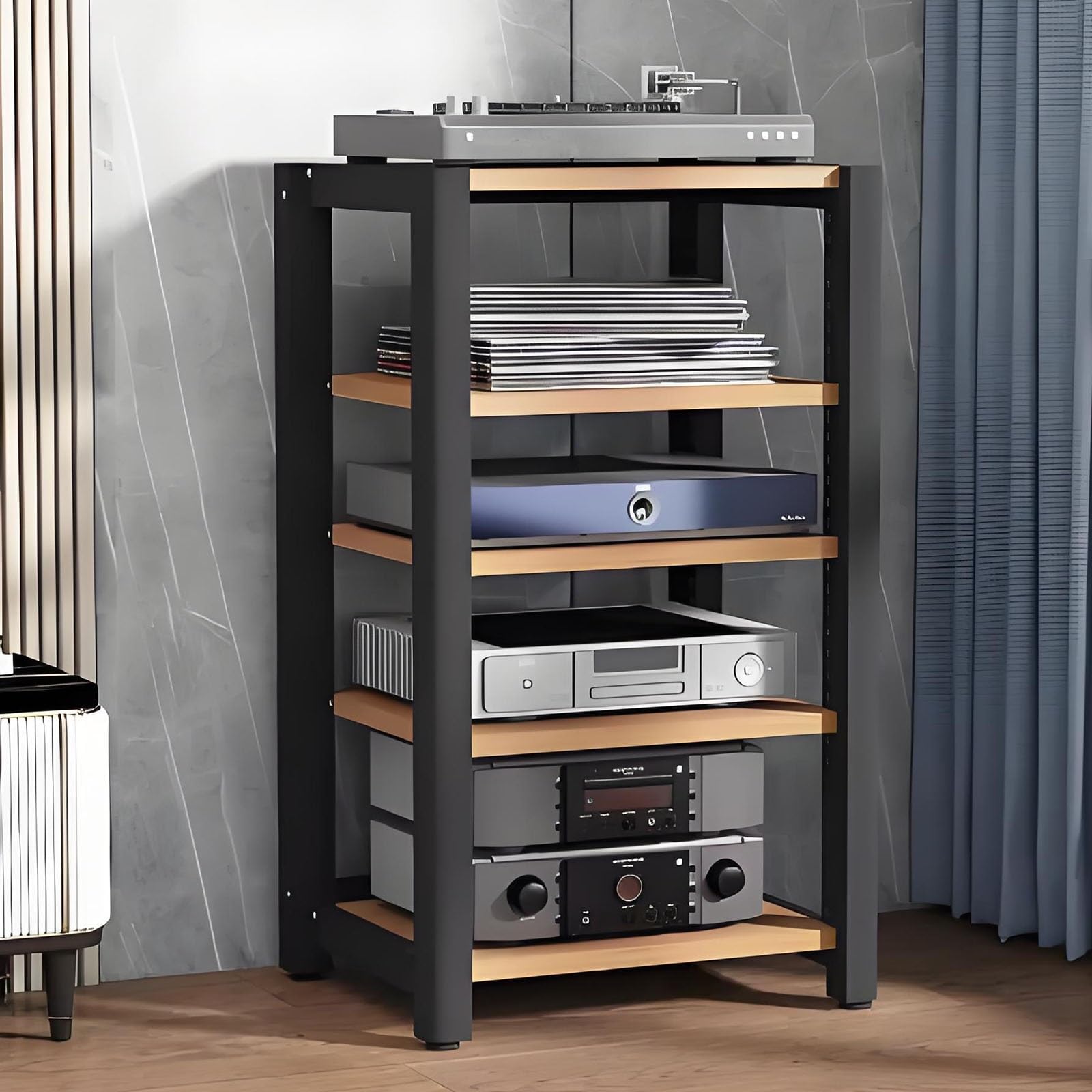 Wielowarstwowa szafka audio do odtwarzacza płyt - stojak na media z regulacją wysokości, stojak na komponenty AV, domowa wieża stereo do odtwarzaczy DVD, TV Box i konsol do gier, beżowe wykończenie