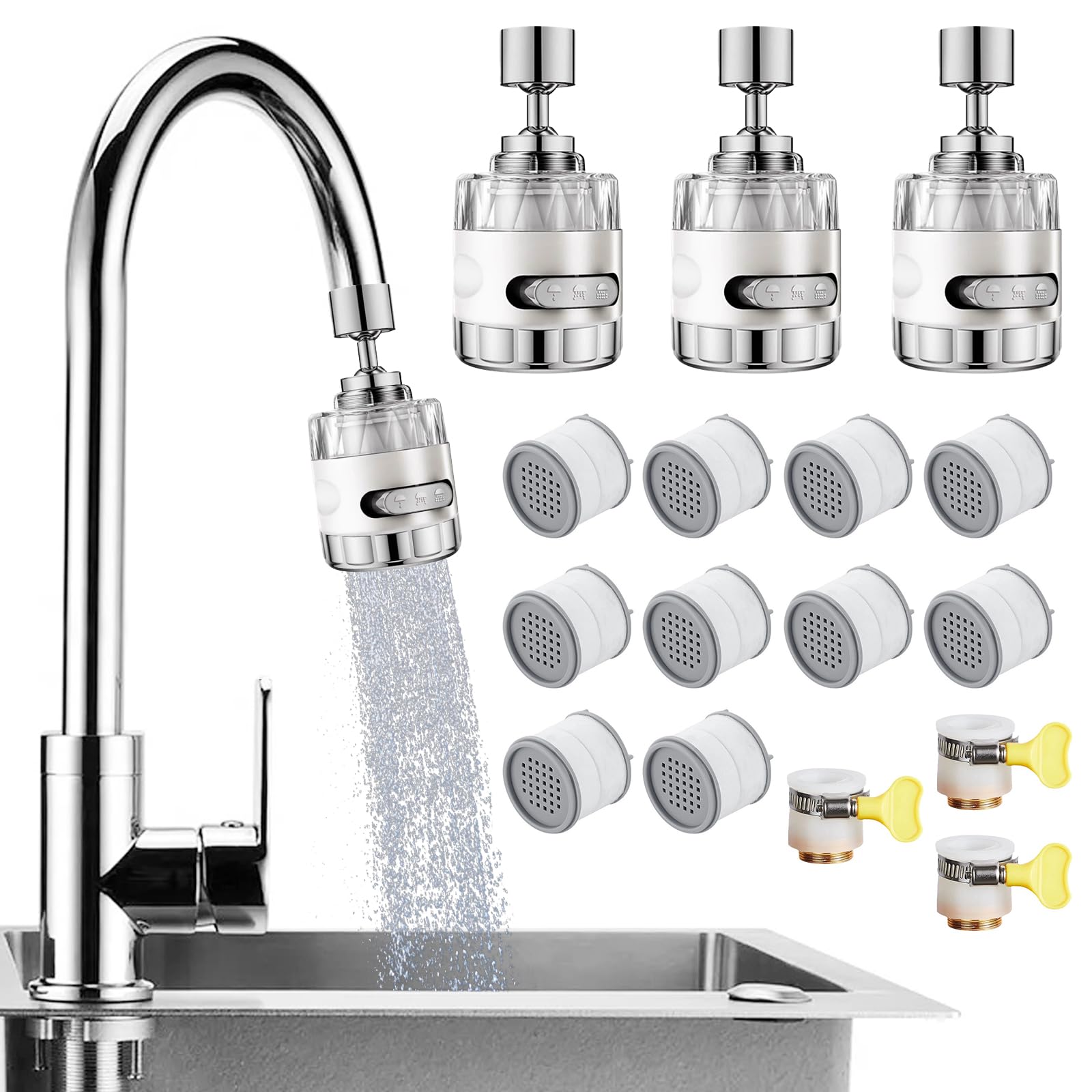 3 Pack Sink Water Filter Faucet, Universal 360 ° Rotating Faucet Filter for Kitchen Sink, 3 Modes Bathroom Faucet Filter Removes Chlorine Fluoride
