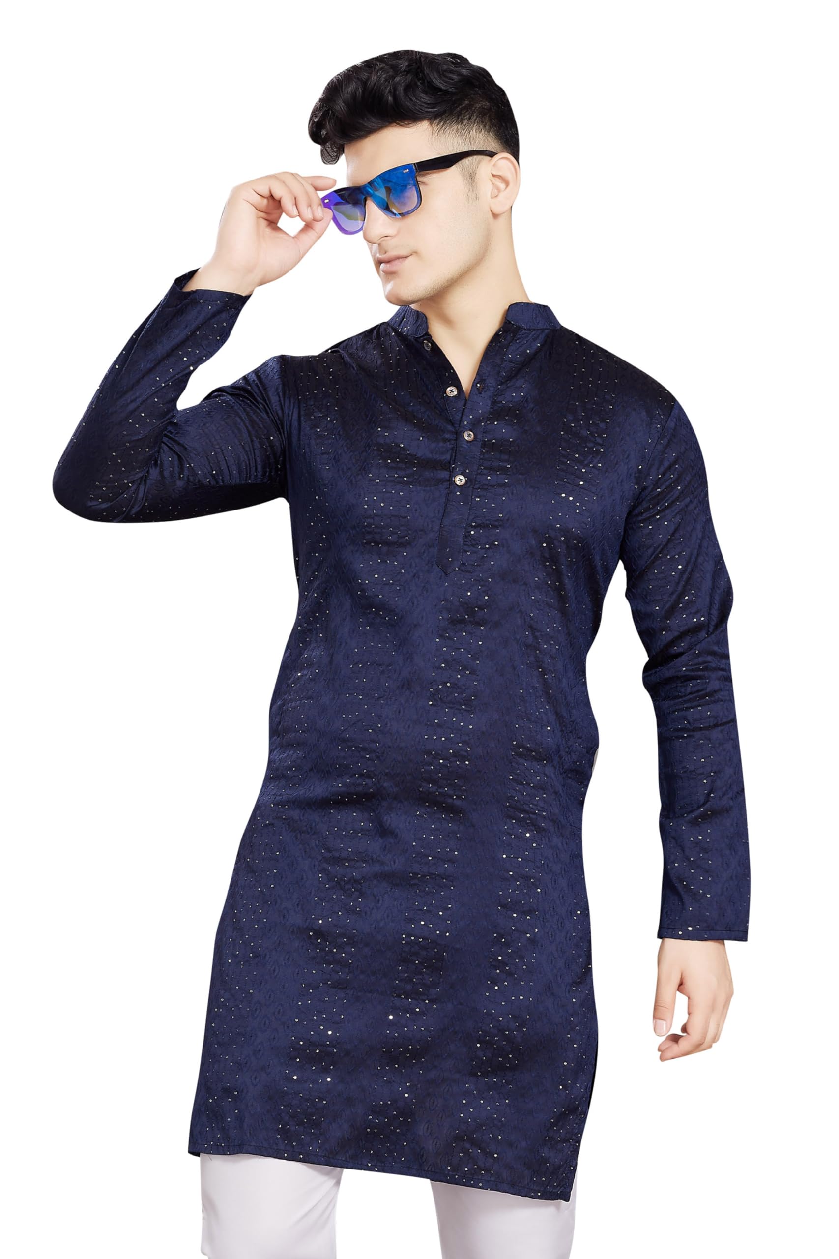 Divisive Men's Jequard Embroidered Art Silk Slim Fit Only Kurta (Dkrt422_S_Navy)