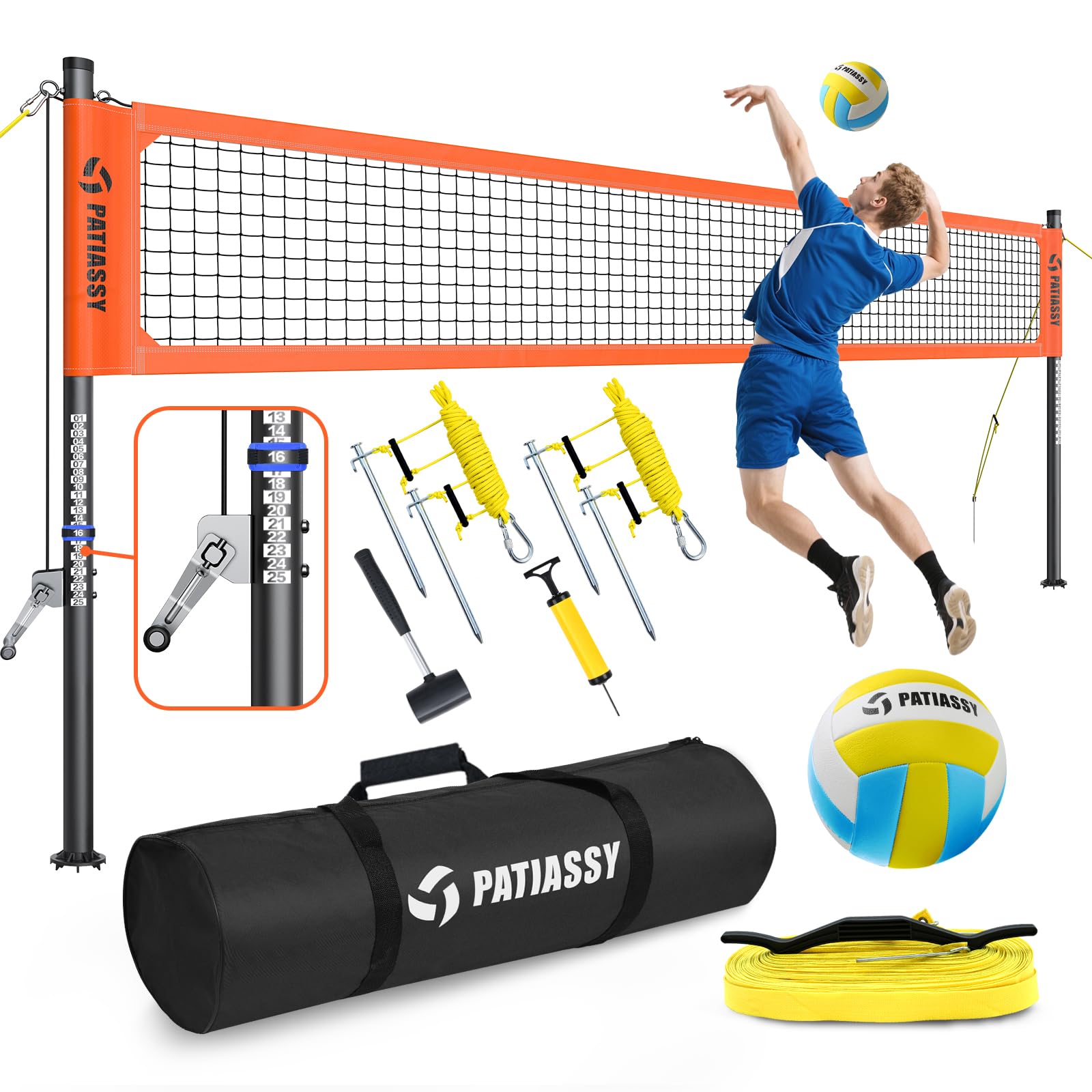 Rete da pallavolo resistente, set professionale per esterni con pali in alluminio antiruggine regolabili in altezza, sistema di verricello, design anti-abbassamento, pompa e borsa da