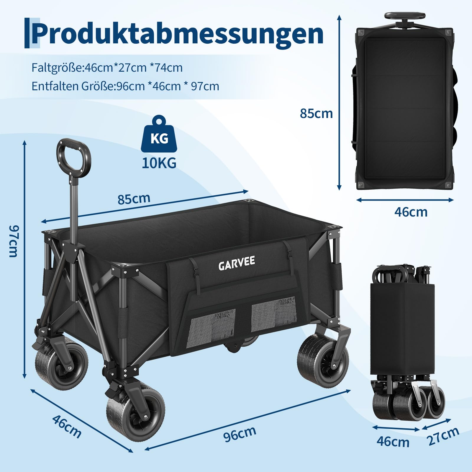 GarveeLife XXL Bollerwagen Faltbar, 200kg Belastbar & 200L Volumen, Handwagen mit Bremsen & 20cm Offroad-Rädern, Klappbarer Transportwagen mit Seitentaschen für Strand, Camping & Garten, Schwarz