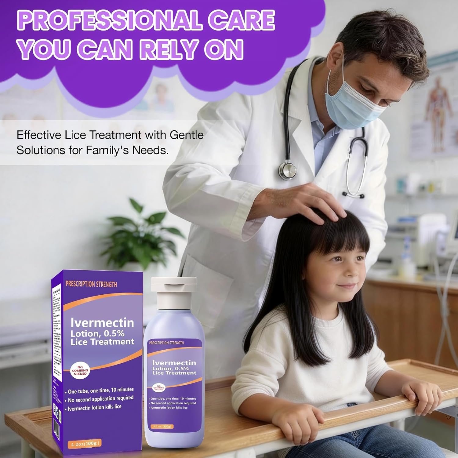 Ivermectin 0.5% Lotion for Head Lice Treatment, Fast-Acting, No Nit Combing Required, Gentle & Family-Friendly, Effective on Resistant Lice, 4.2 oz (100 mL)
