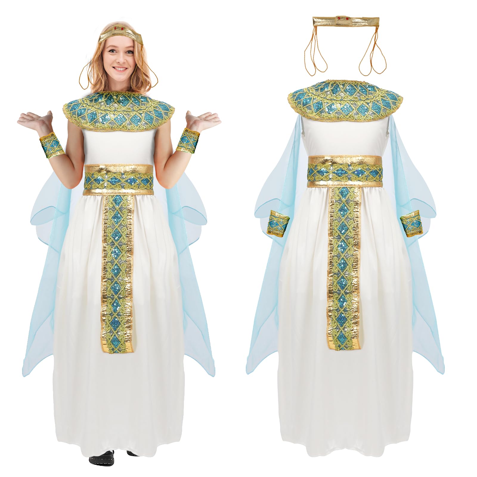 Makoike Cleopatra Costume Women Egyptian Queen Costume Cleopatra Princess Dress Halloween Cosplay Outfit Accessories