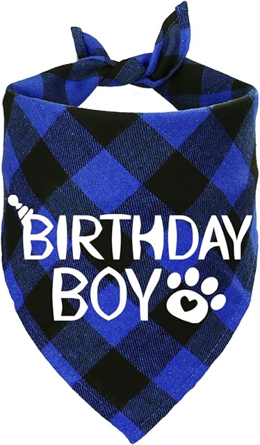 STMK Dog Birthday Bandana, Dog Birthday Boy Bandana Plaid Triangle Scarf for Dog Puppy Birthday (Blue)