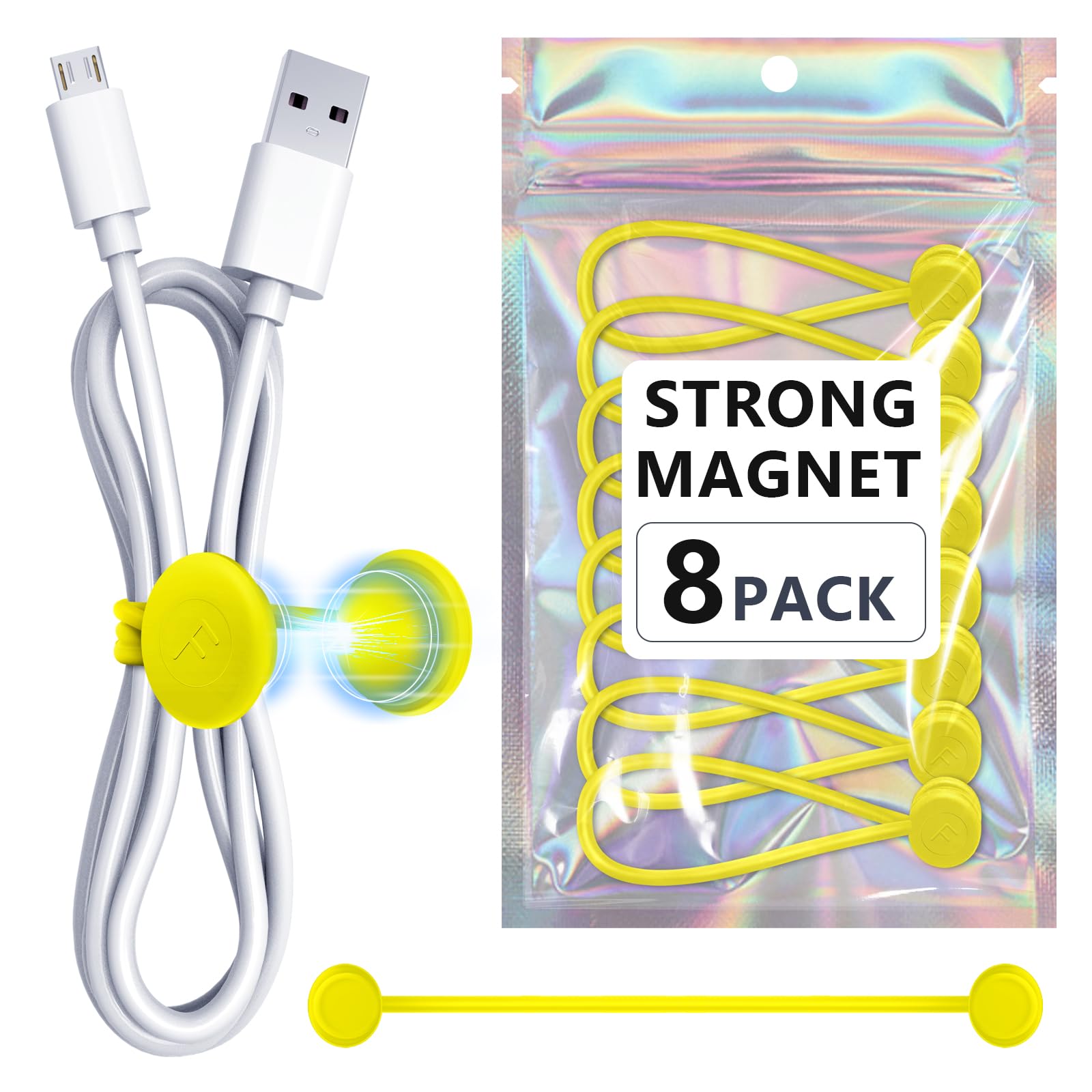 FGSAEOR Magnetic Cable Ties, Reusable Silicone Magnetic Cord Ties, Strong Magnet Twist Ties for Cord Organizer Keeper Wrap Clips Bundling and Organizing, Holding Stuff, Fridge Magnets (Yellow, 8-Pack)