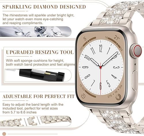 Miniatura 10 de MARGE PLUS Correa de repuesto brillante para Apple Watch para mujer, 1.654 in, 1.732 in, 1.772 in, Series 9, 8, 7, 6, 5, 4, 3, 2, 1 SE, pulsera de