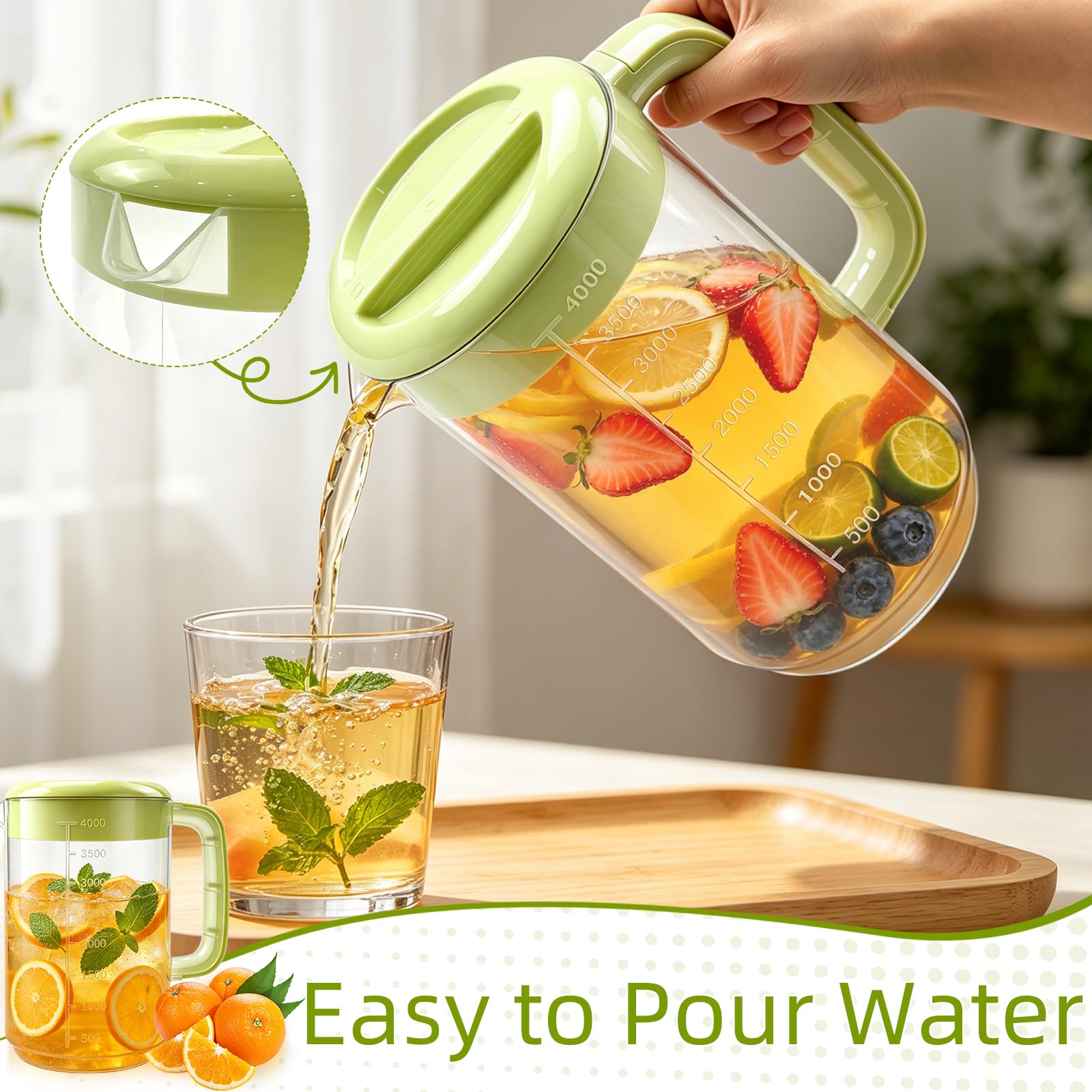 Nexboraque Paquete de 2 jarras coladoras de plástico de 1 galón con tapa, jarra de agua grande con asa y medidas para bebidas frías, jarra de té helado para limonada, leche, jugo, bebidas, verde