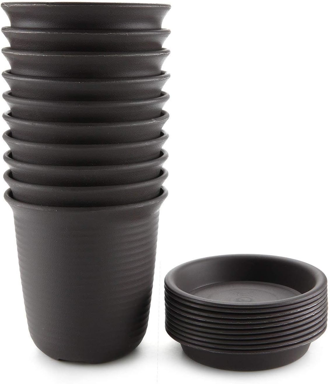 T4U 5.75 Inch Plastic Planter Pots with Saucer Brown Set of 10, Seeding Nursery Planter Pot with Drainage and Tray for Flowers Herbs African Violets Succulents Orchid Cactus Indoor Outdoor