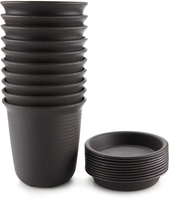 T4U 15CM Plastic Nursery Flower Pots with Pallet Dark Grey - Set of 10