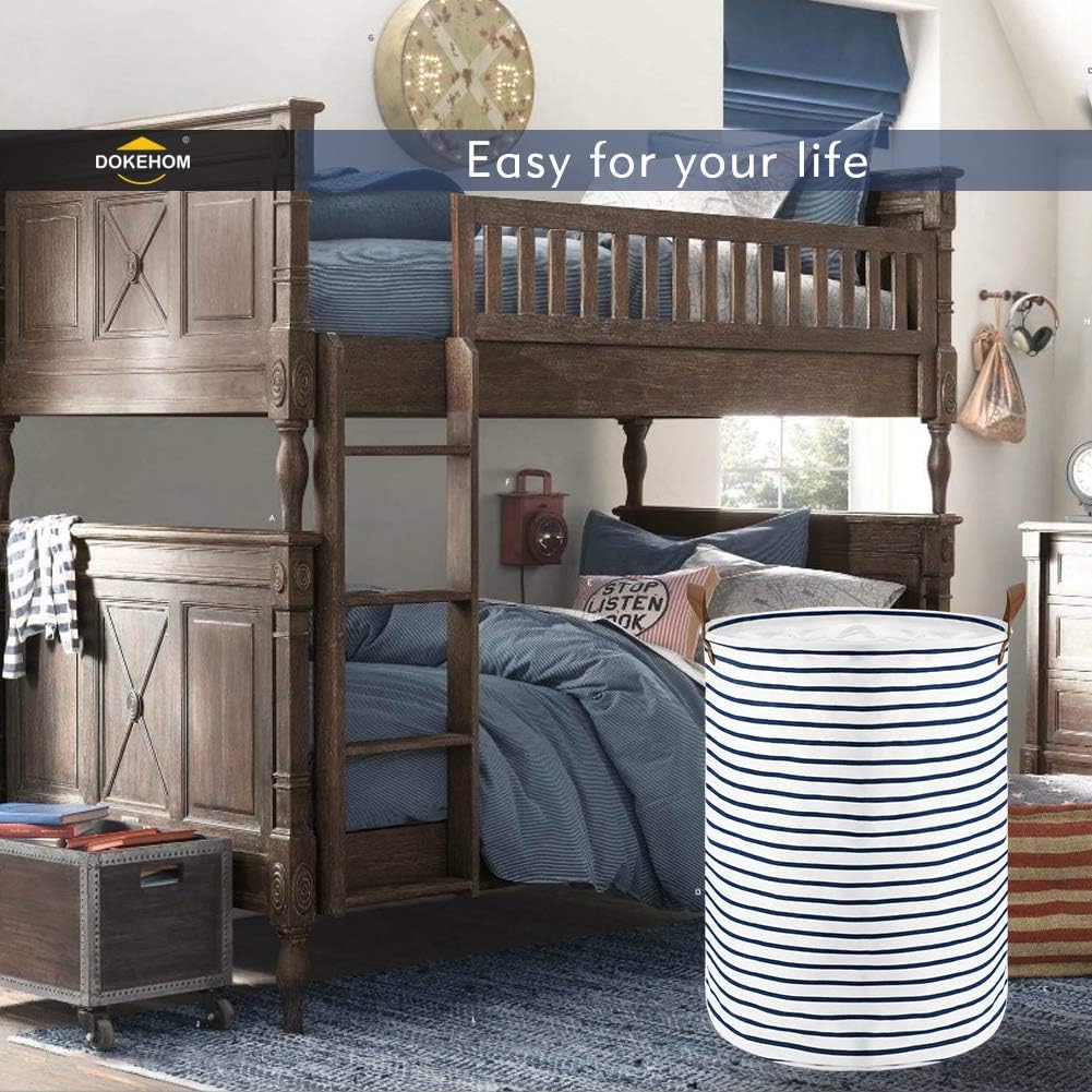 DOKEHOM 18-Inches Freestanding Laundry Basket with Lid, Collapsible Large Drawstring Clothes Hamper Storage with Leather Handle (Blue Stripe, M) : Home & Kitchen