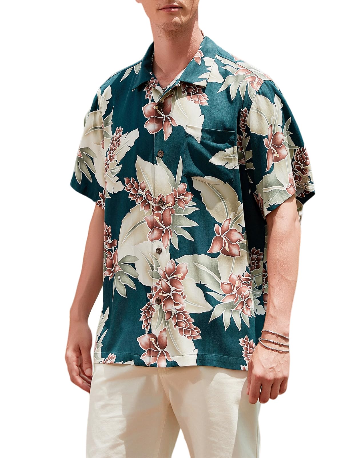 LUXSTITCH Men's Silk Hawaiian Floral Shirts Short Sleeve Button Down Casual Tropical Holiday Beach Shirts