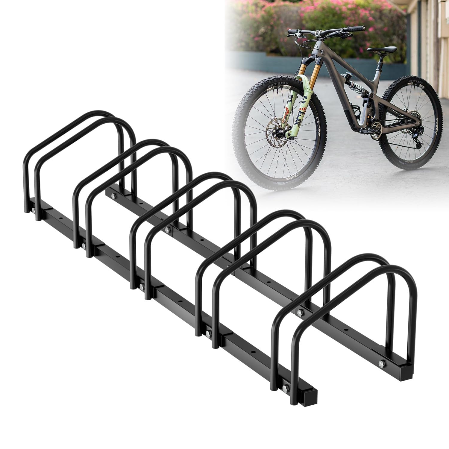 Fahrradständer Boden für 5 Fahrräder – verzinkter Stahl, 30cm Radstand, Wandmontage möglich, für 35-55mm Reifen (MTB/Kinderrad), platzsparend für Hof Garage, Keller & Außenbereich