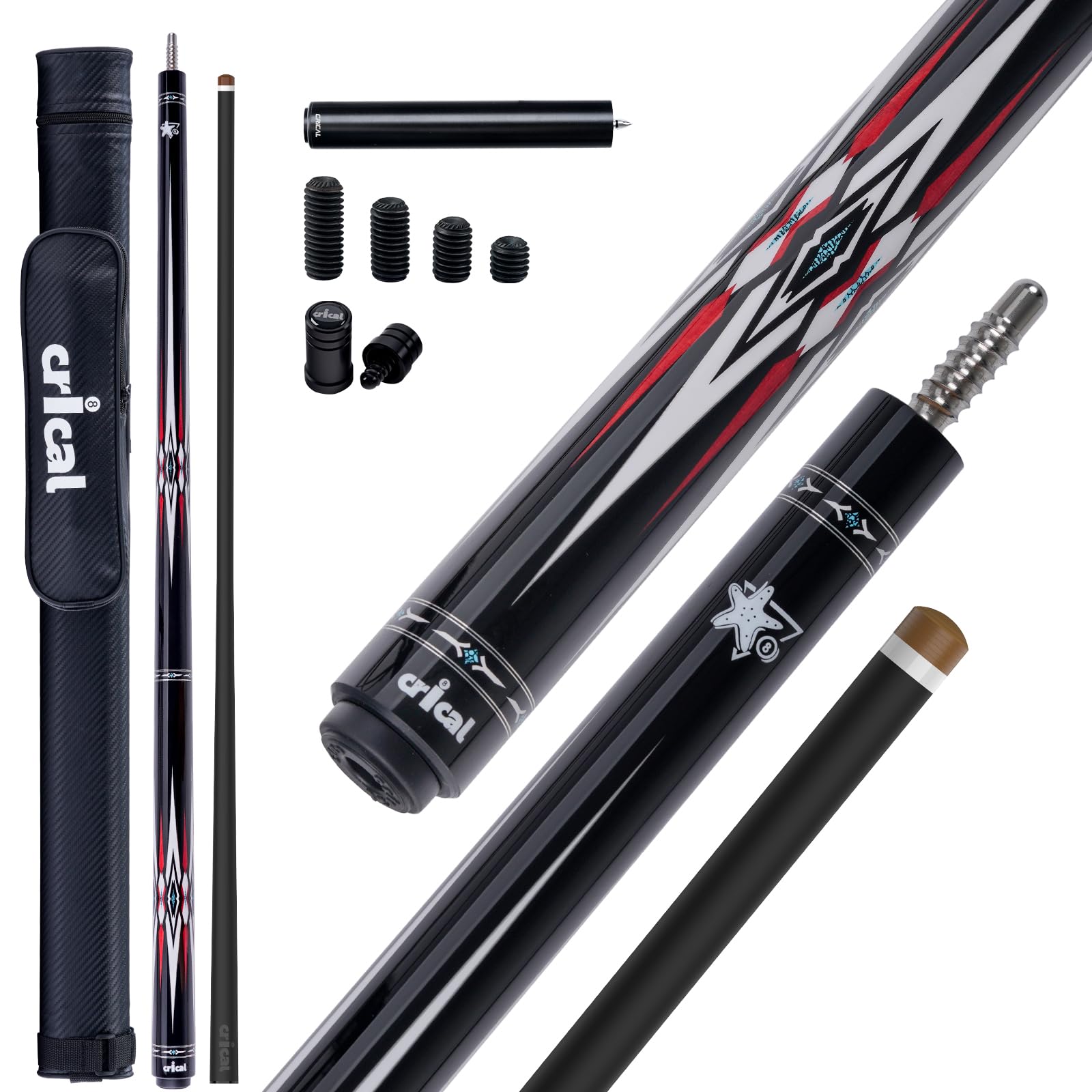 CRICAL Carbon Fiber Pool Cue Stick, Professional Low Deflection Pool Cue with Pro Taper Shaft, 12.5mm Tip, Tournament Level Billiard Cue