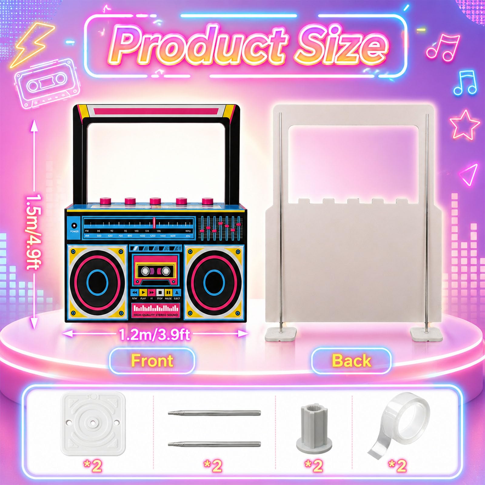 Pasimy 1,5 m Neon Boombox Photo Booth Puntelli anni '90 Retro Radio Speaker Selfie Frame Sfondo Cartone per 80s 90s Hip Hop Musica Tema Decorazione Festa di Compleanno Anni '80 Disco Rock Party