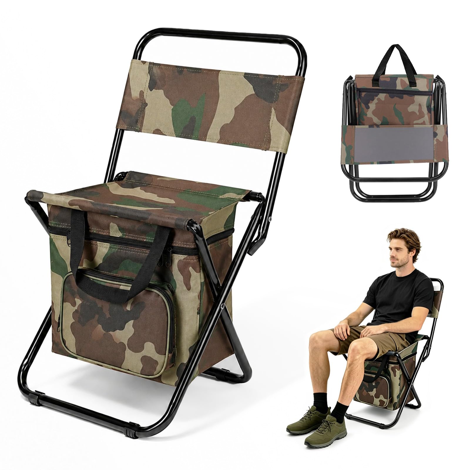 Sedia pieghevole portatile 3 in 1 per esterni, campeggio e pesca, pieghevole, con custodia e motivo mimetico, per il tempo libero e il giardino (verde mimetico)