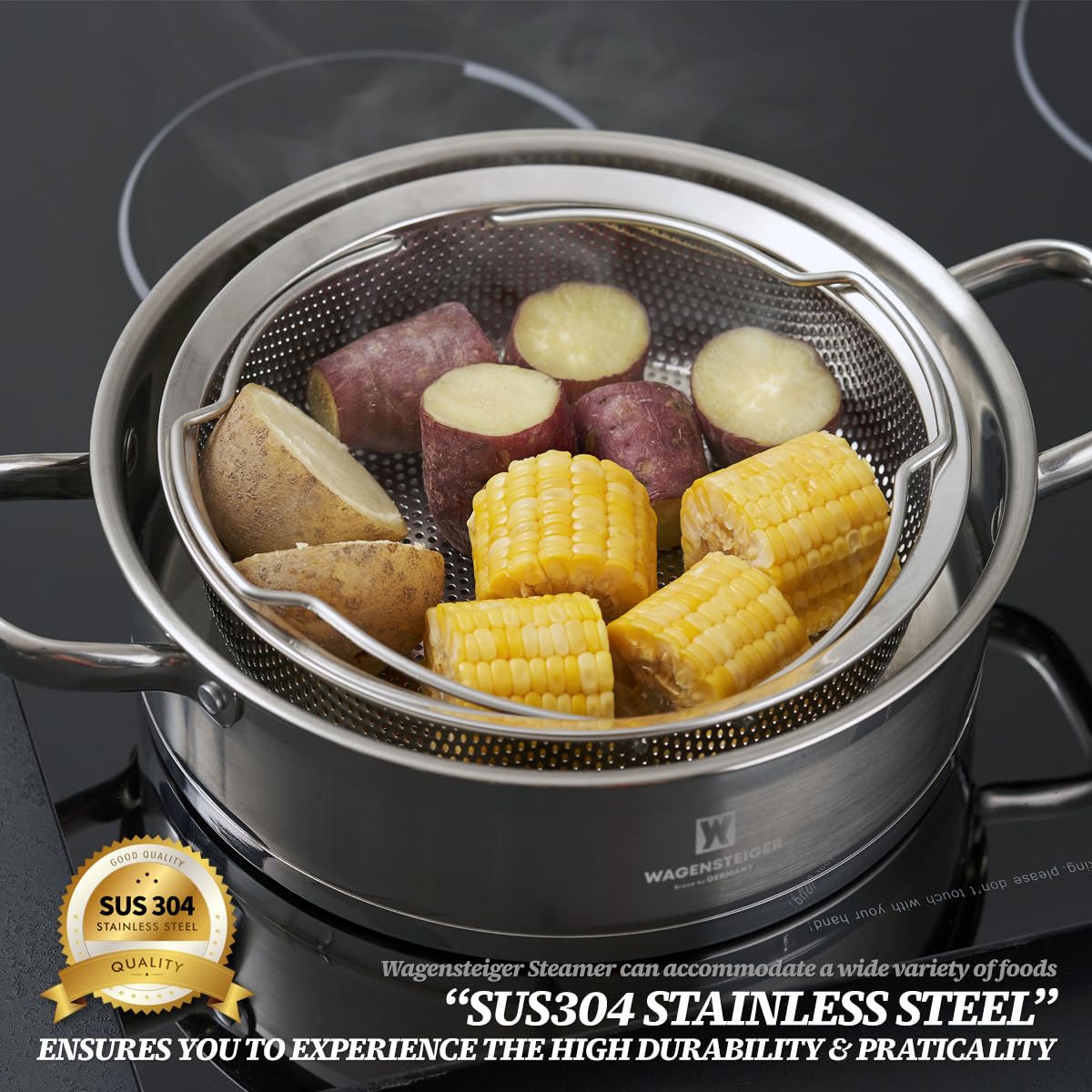 Cesta de vapor instantánea WAGENSTEIGER On-the-Go, construcción de acero inoxidable SUS304 de, colador perforado multiusos para frutas y verduras (8.7 pulgadas de diámetro)
