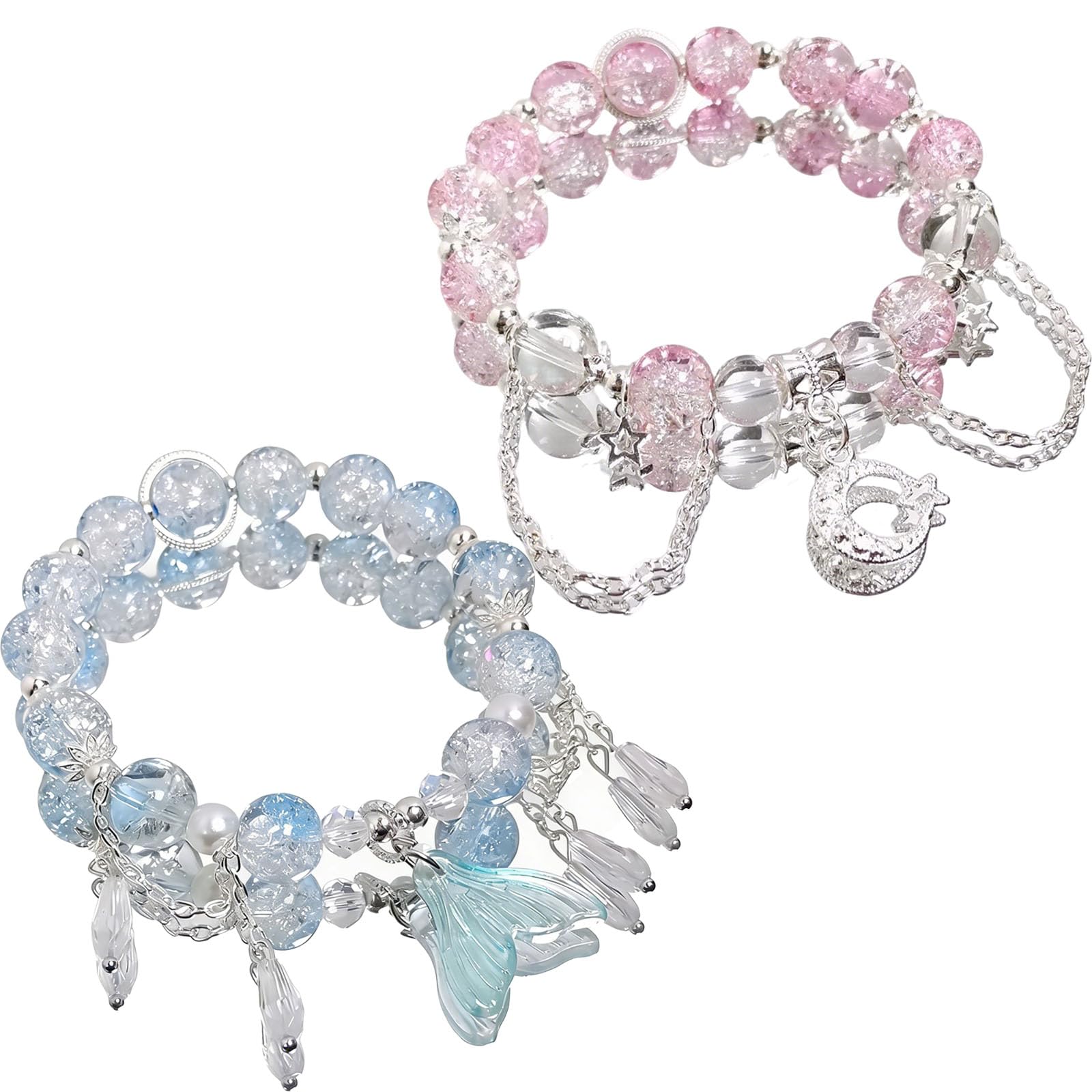 YFXXEEA 2Pcs Bracelet for Girls Stylish, Crystal Fish Tail and Moon Bracelets, Cute Beaded Bracelet for Kids and Girls, Ideal for Birthday Gifts, Friendship Day, Party Accessories, Pink and Blue