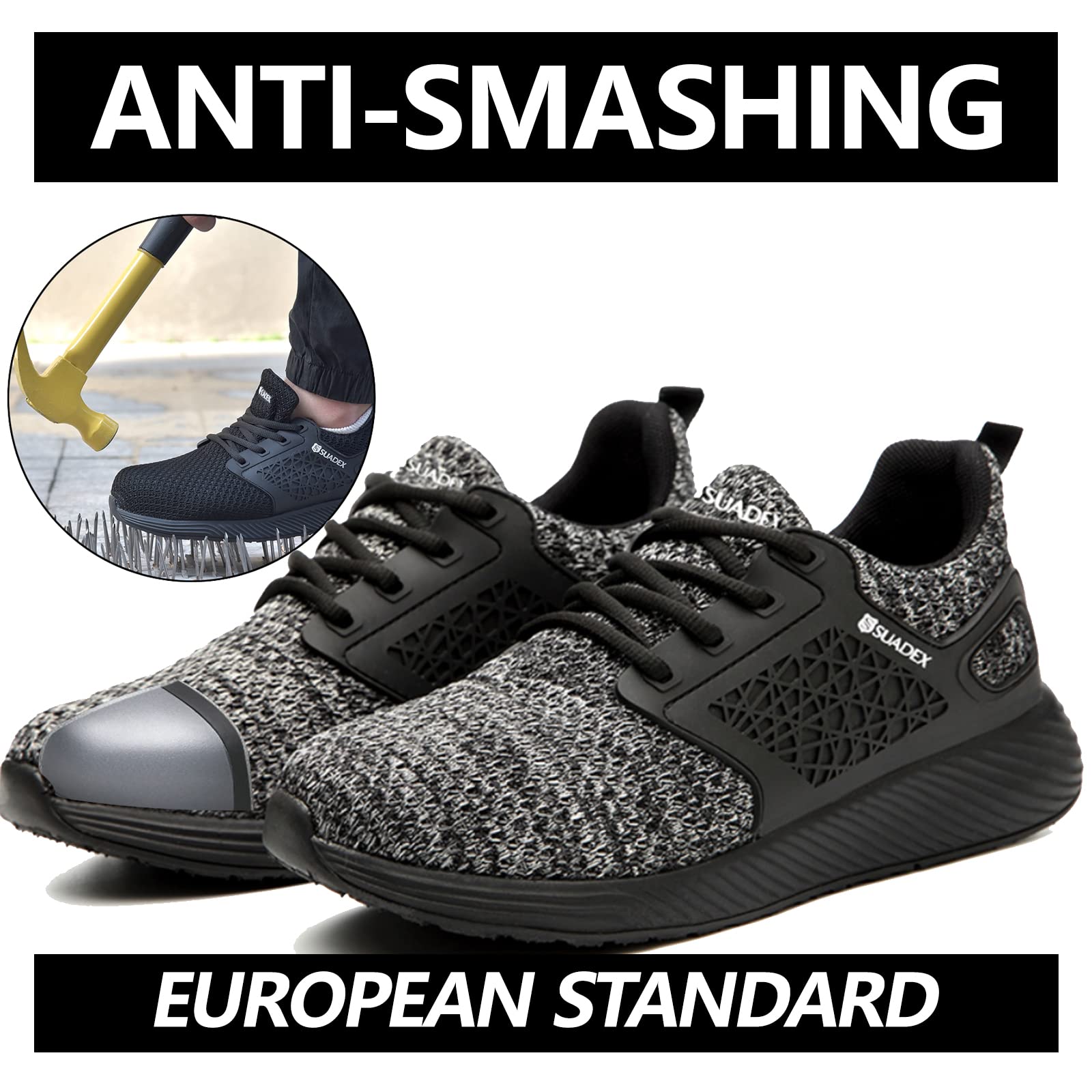 SUADEX Steel Toe Sneakers for Men Women Indestructible Work Shoes Lightweight Comfortable Safety Sneakers Slip-Resistant Composite Toe Shoes for Construction