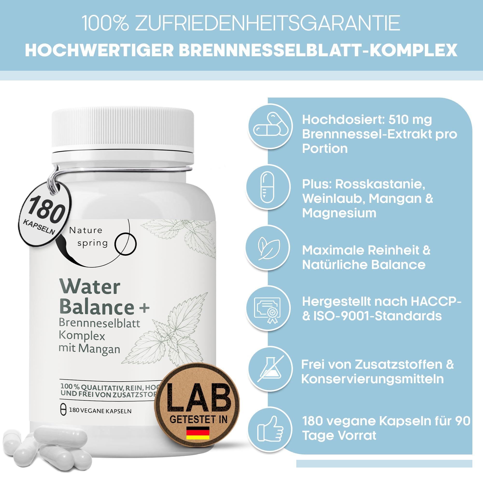 Aqua Balance Plus Kapseln – Pflanzenextrakt Komplex mit Brennnessel, Rotem Weinlaub & Rosskastanie – Magnesium & Mangan – Für Wassermanagement & Balance – 180 Kapseln – Laborgeprüft in Deutschland