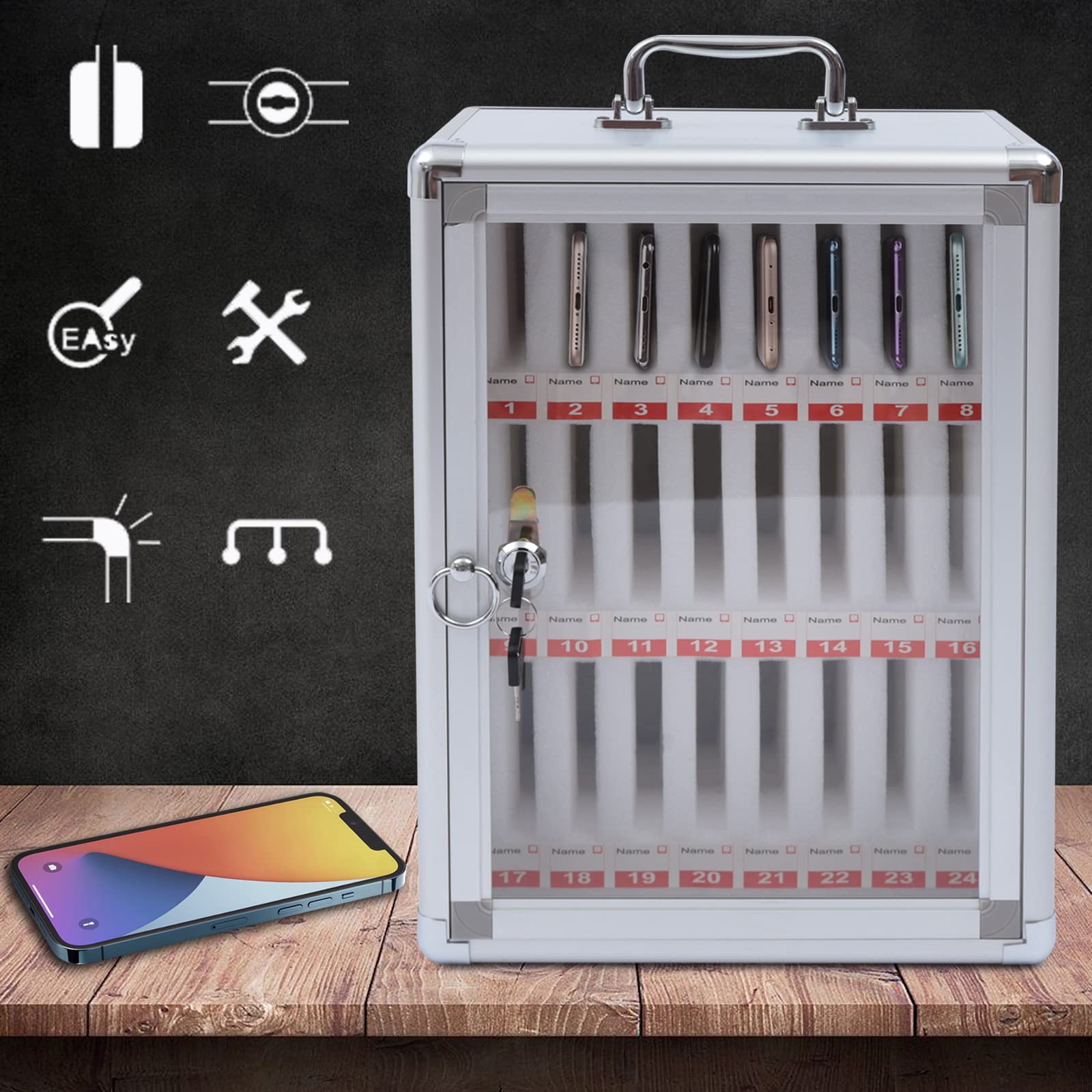 COFECO Cell Phone Storage Locker, 24 Slots Aluminum Alloy Pocket Chart Storage Cabinet with Door Locks, 2 Keys and Label, Wall Mounted Cabinet Pocket Office Gym Box, by Hand, Clear