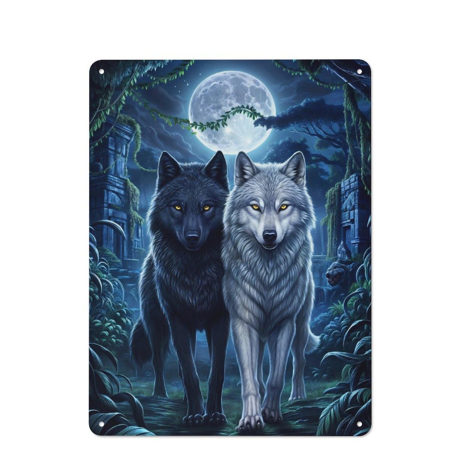 Junmoney Two Wolf In Jungle Metal Sign 40X30cm With For Hallway Wall, Vintage Decor, For Garage, Workshop And Man Cave Decoration