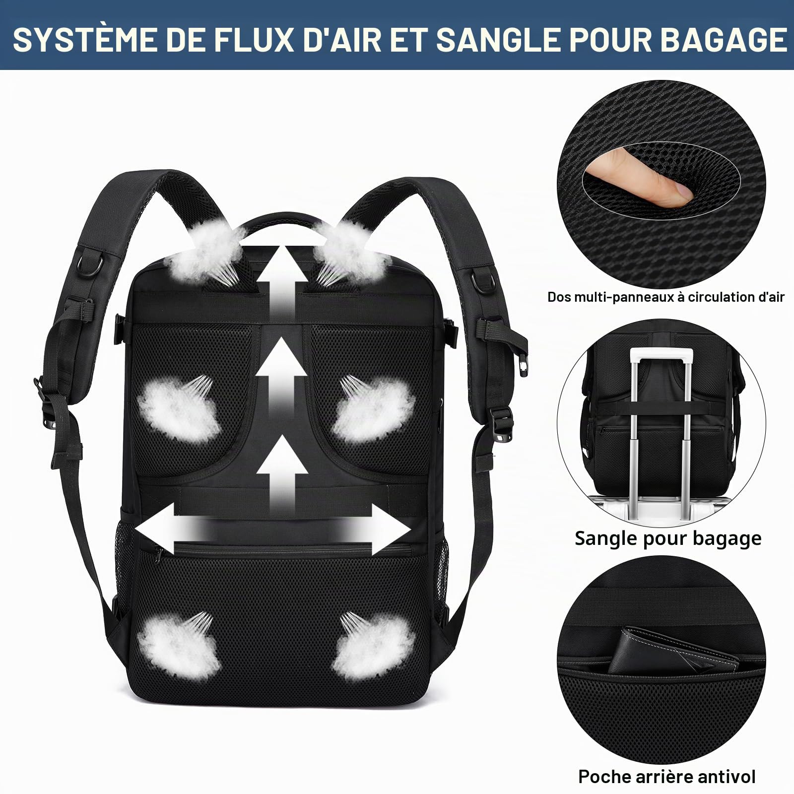 Bagage Cabine 55x40x20cm Grande Sac a Dos Voyage Cabine Avion 44L Femme Homme Bagage à Main Sac a Dos Cabine Valise Sac à Dos pour Ordinateur Portable 18.4Pouces, Noir