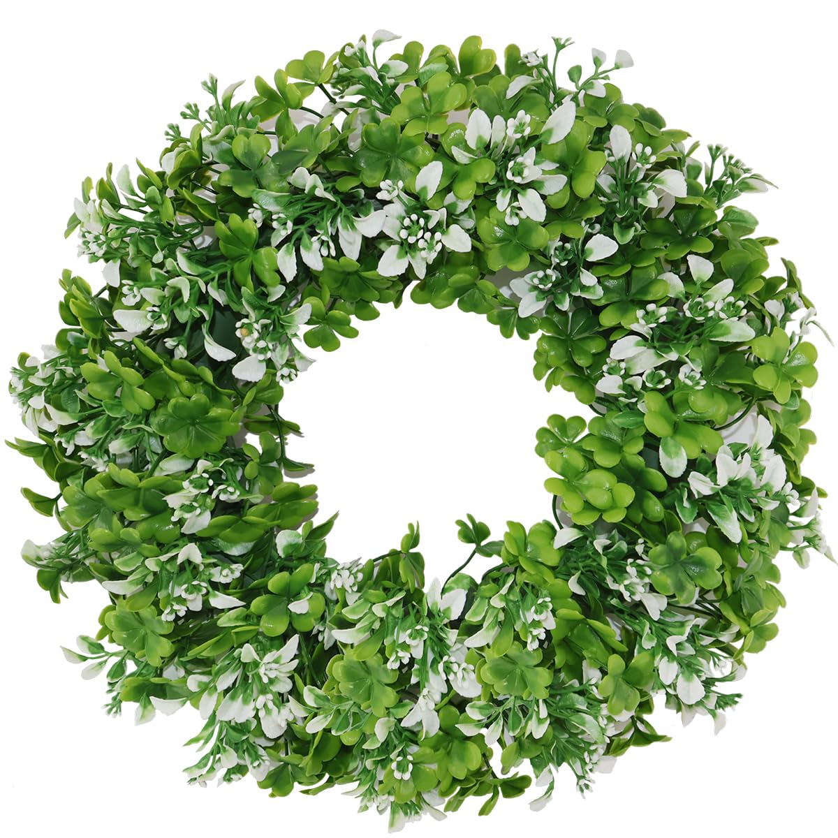Small Mini St Patricks Day Wreath 16” – Green Shamrock Clover Wreaths for Front Door with White Flowers, Small St. Patrick’s Day Spring Summer Door Decorations Indoor Outdoor