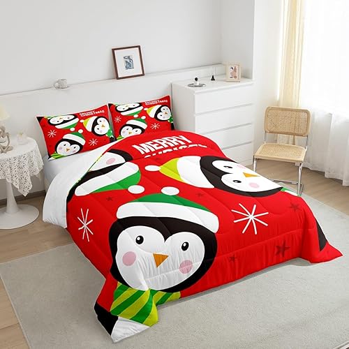 Miniatura 4 de Juego de edredón de Feliz Navidad para niños, tamaño King, juego de ropa de cama de pingüinos de dibujos animados, animales árticos, decoración de
