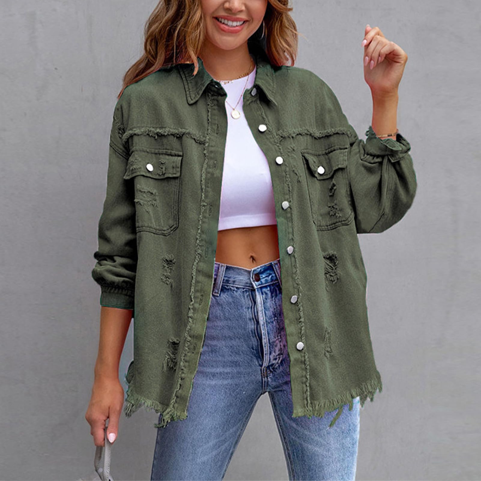 amropi Chaqueta Vaquera Mujer Blusa Ligero Bolsillos Botones Jean Jacket