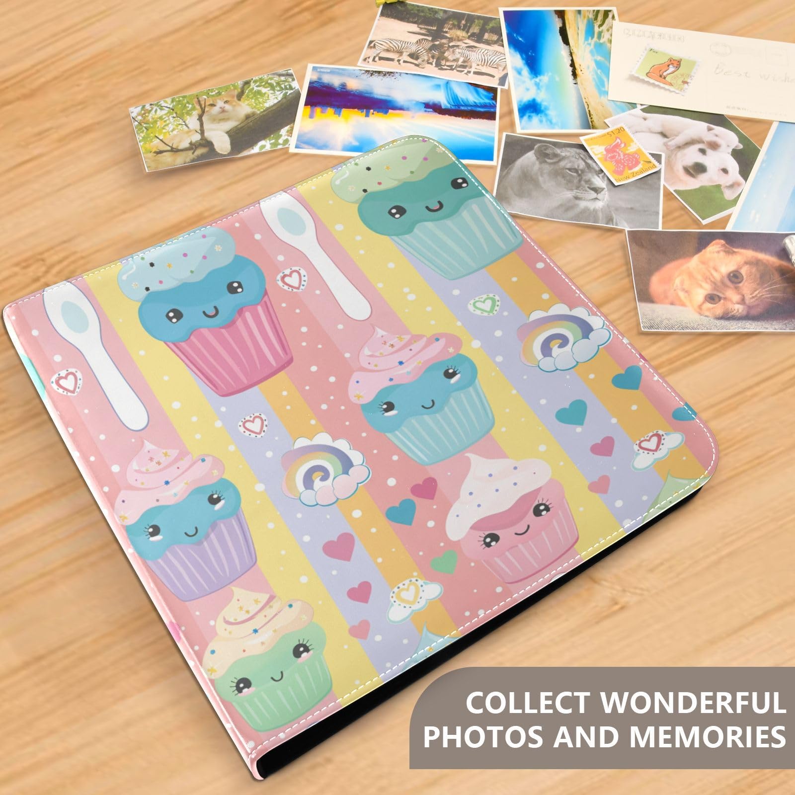 Fotoalbum aus PU-Leder mit Cartoon-Pastellkuchen, für 7,6 x 12,7 - 20,3 x 25,4 cm, Familien-Fotoalbum, selbstklebende Seiten, 20 Blatt