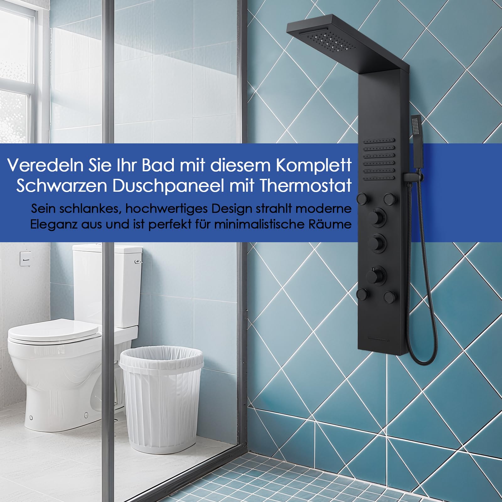 ROVOGO Komplett Schwarz LED Duschpaneel mit Thermostat, 5 Funktionen Duschsäule Regenfall Wasserfall Duschkopf, 2 Strahlarten Massagedüsen, Handbrause, Wanneneinlauf, Edelstahl Duschpaneel mit Armatur