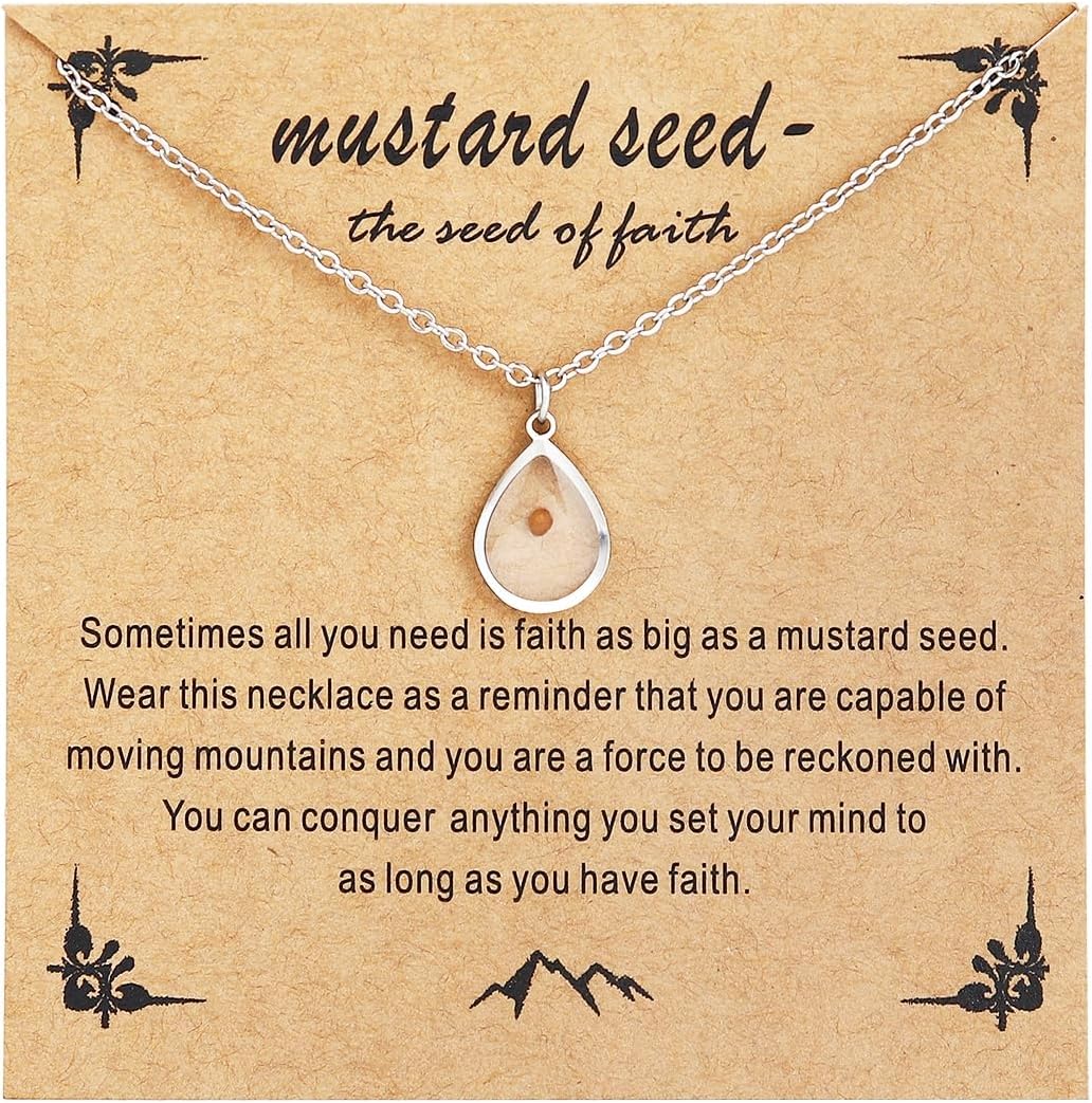 Mustard Seed Necklace - Rectangle, Round, Mountain, Hill Christian Faith Geometric Religious Inspirational Gift With Message Card