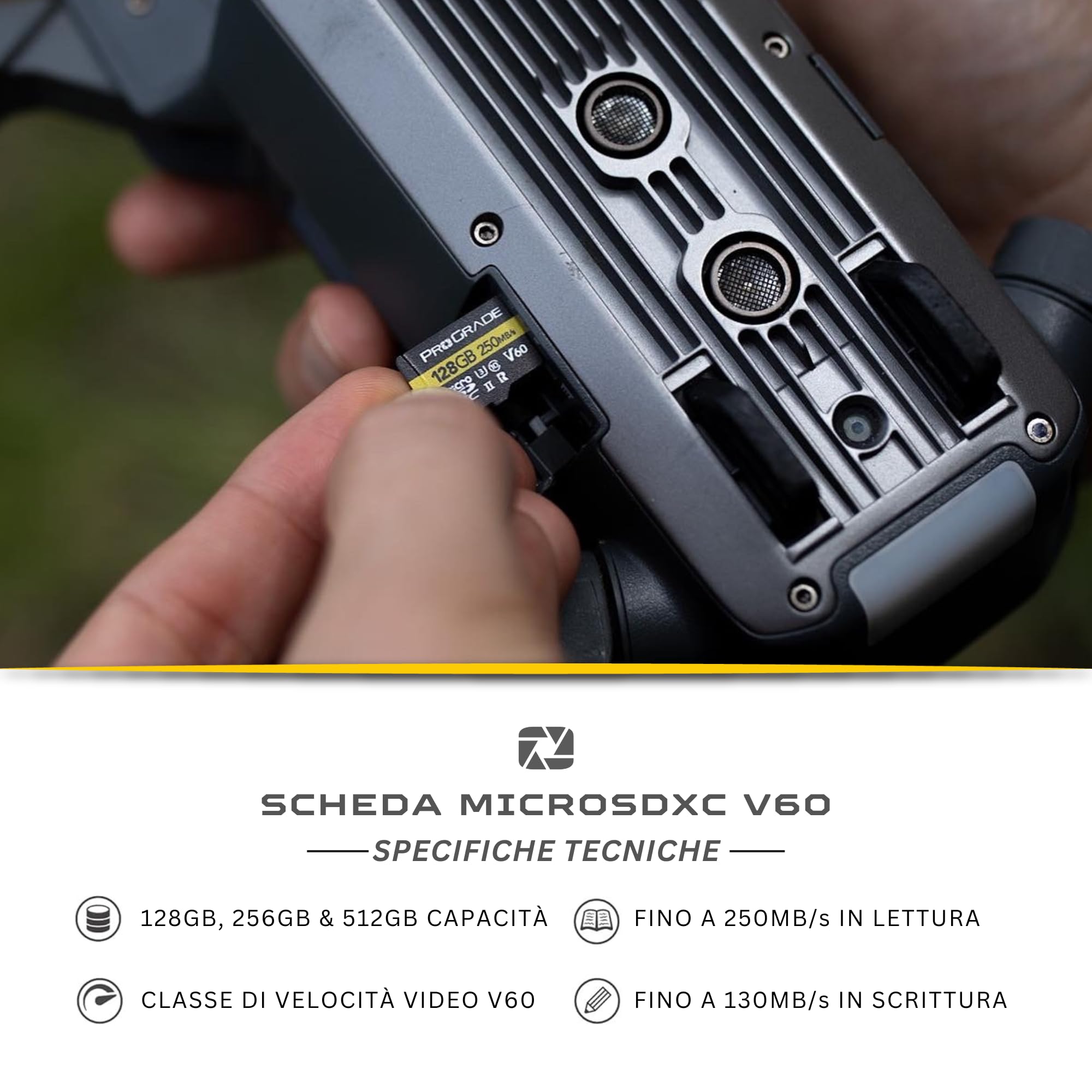 Scheda microSD V60 (128 GB), testata per dispositivi di schede SD di dimensioni intere, fino a 250 MB/s in lettura, 130 MB/s in scrittura di ProGrade Digital