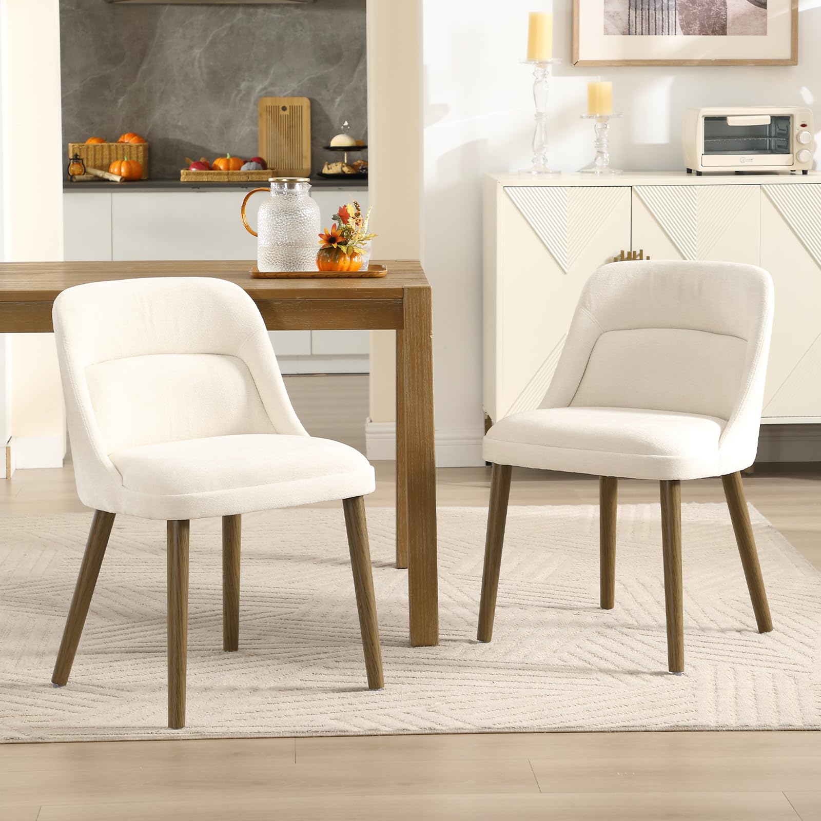 chairus Set di 2 Sedie Cucina in Tessuto con Gambe in Legno, Bianco | Sedia Imbottita con Schienale Rinforzato Sedia da Pranzo in Ciniglia per Sala da Pranzo/Soggiorno/Ristorante