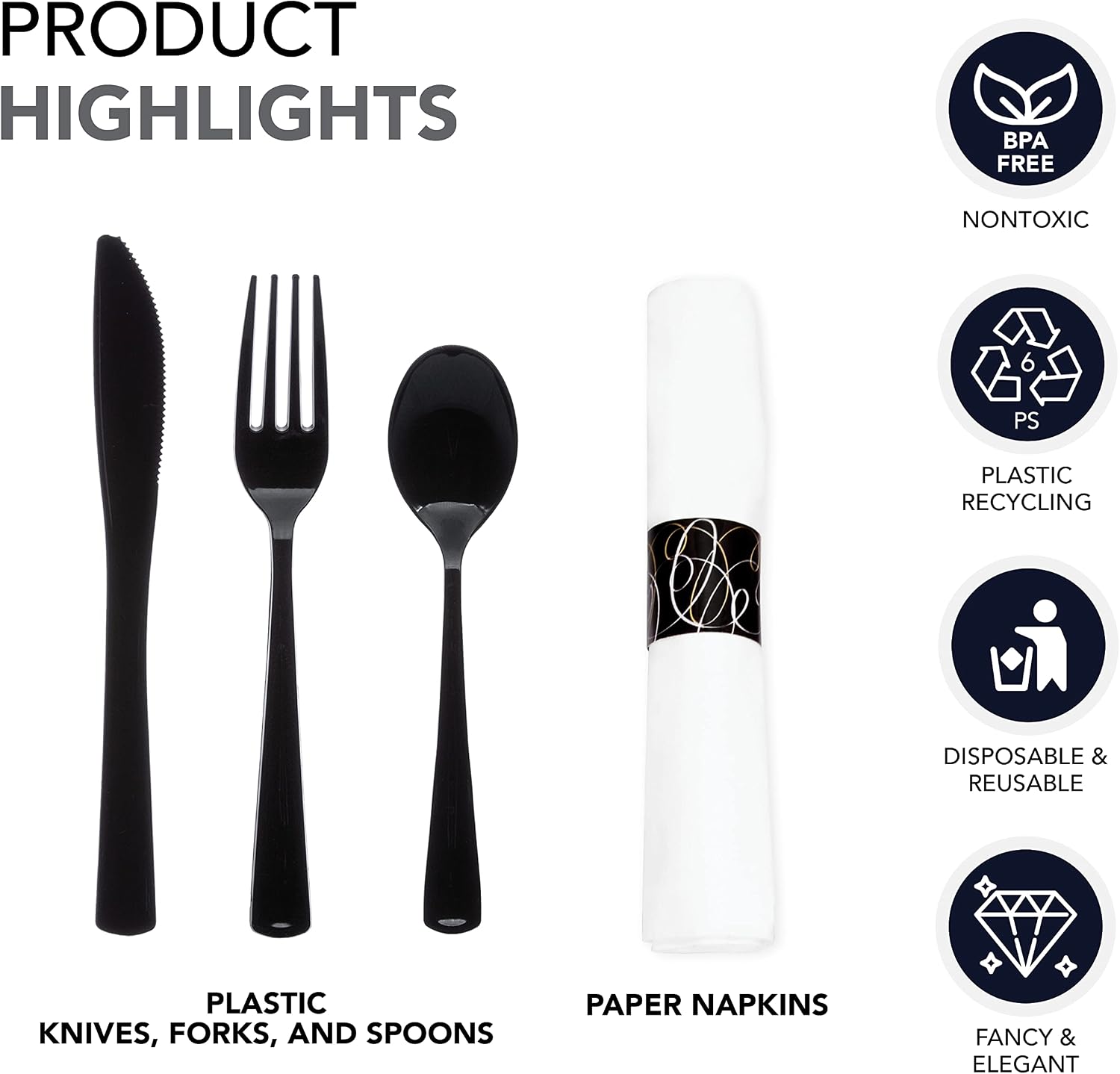 Party Essentials Pre Rolled Silverware Set Disposable Party Supplies, Wrapped Plastic Cutlery Set with Napkin, Spoons/Forks/Knives Black, 25 Units