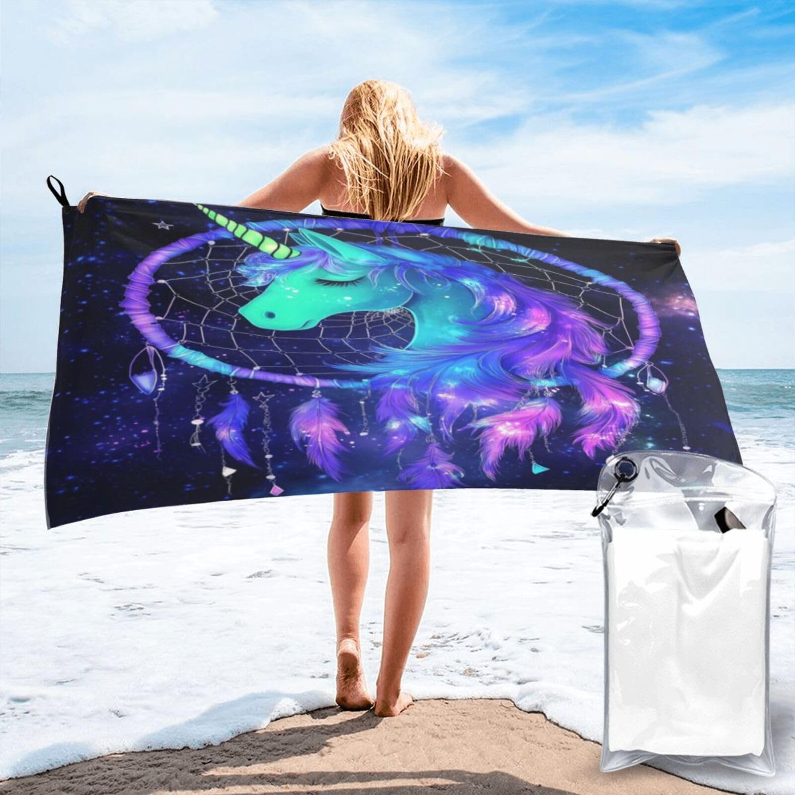 Anceky Dreamcatcher Unicorn with Vibrant Colors Space Background Quick Dry Microfiber Travel Towel with Carry Case and Carabiner 31.5"X63"