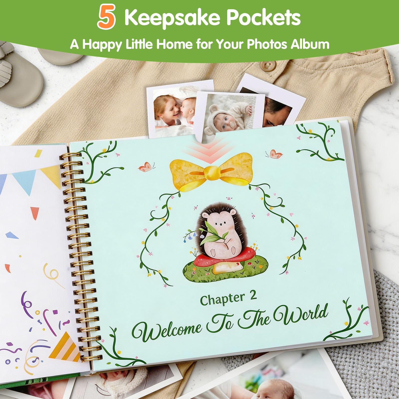 Keepsake Baby Memory Book for Boy or Girl, Timeless Baby’s Journal, Milestone Book to Record from Newborn to Age 5, Woodland Newborn Gender Neutral Baby Gift Scrapbook, Photo Album - 5