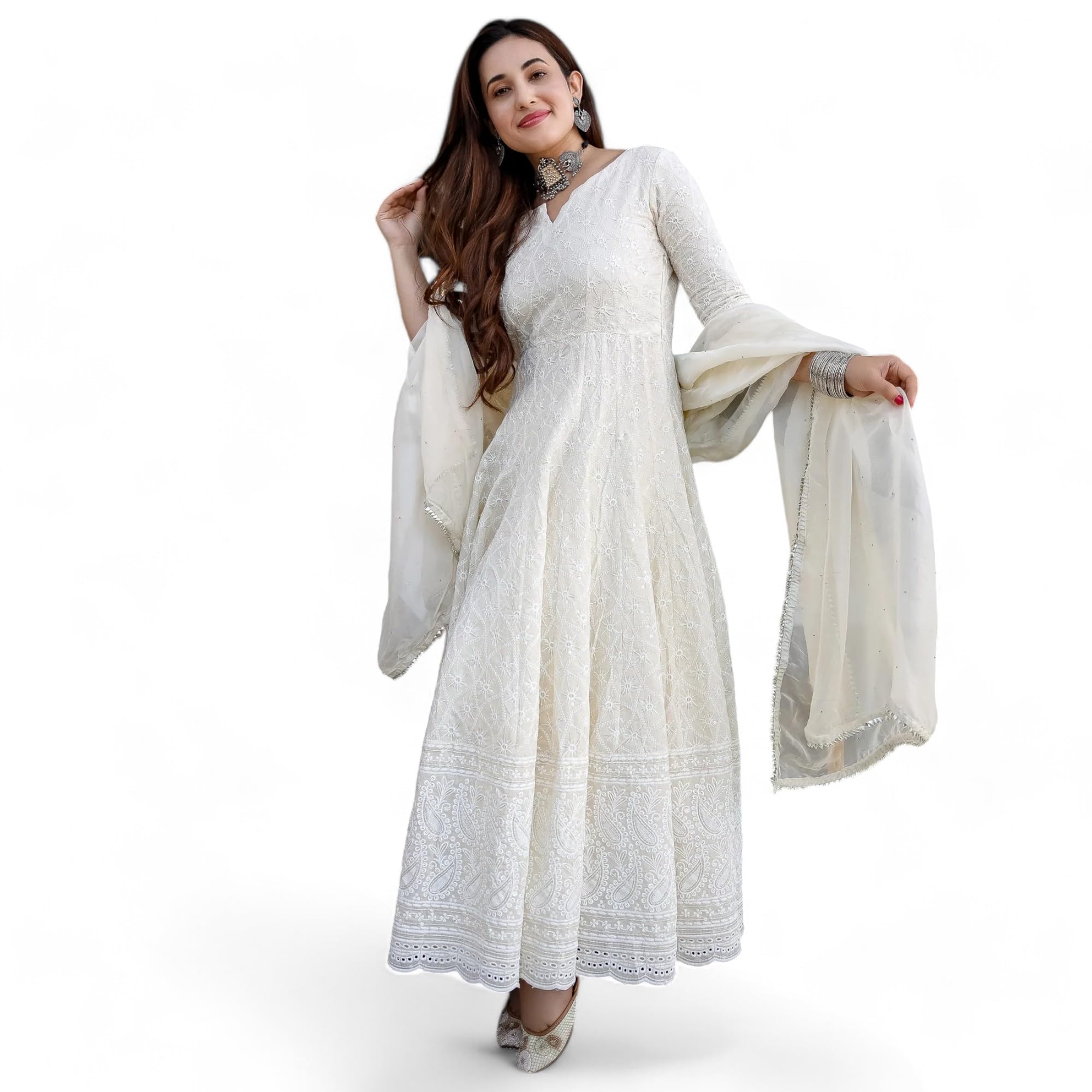 RangMahal Women's Off White Chikankari Cotton Anarkali Indian Kurti For Women Summer Dress Kurta With Dupatta Set