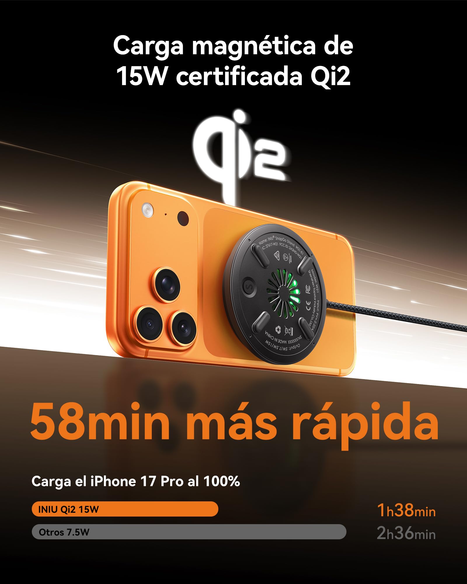 INIU Cargador Inalámbrico iPhone, Oficial Qi2 Certificado 15W Base Carga Rápida Wireless Charger de mag-Safe con Ventilador de Enfriamiento para iPhone 17-12 y AirPods, Ideal Viaje Mesita Escritorio