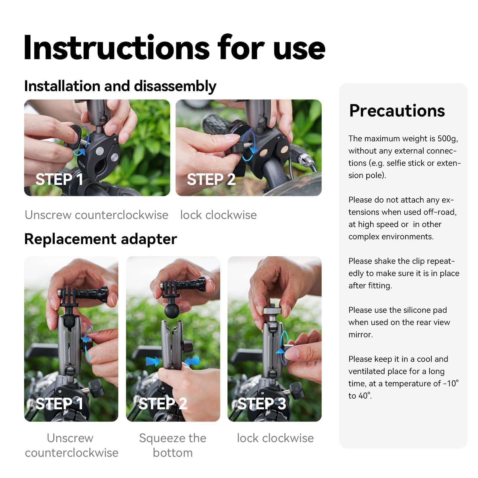 TELESIN Supporto Moto/Bicicletta per DJI Osmo Action 6/5 Pro/4/3, Pocket 4/3, Nano, GoPro Hero 13/12/11/10/9, Insta360, con Doppia Testa a Sfera 360° e Adattatore 1/4"-20mm, Accessori per Action Cam