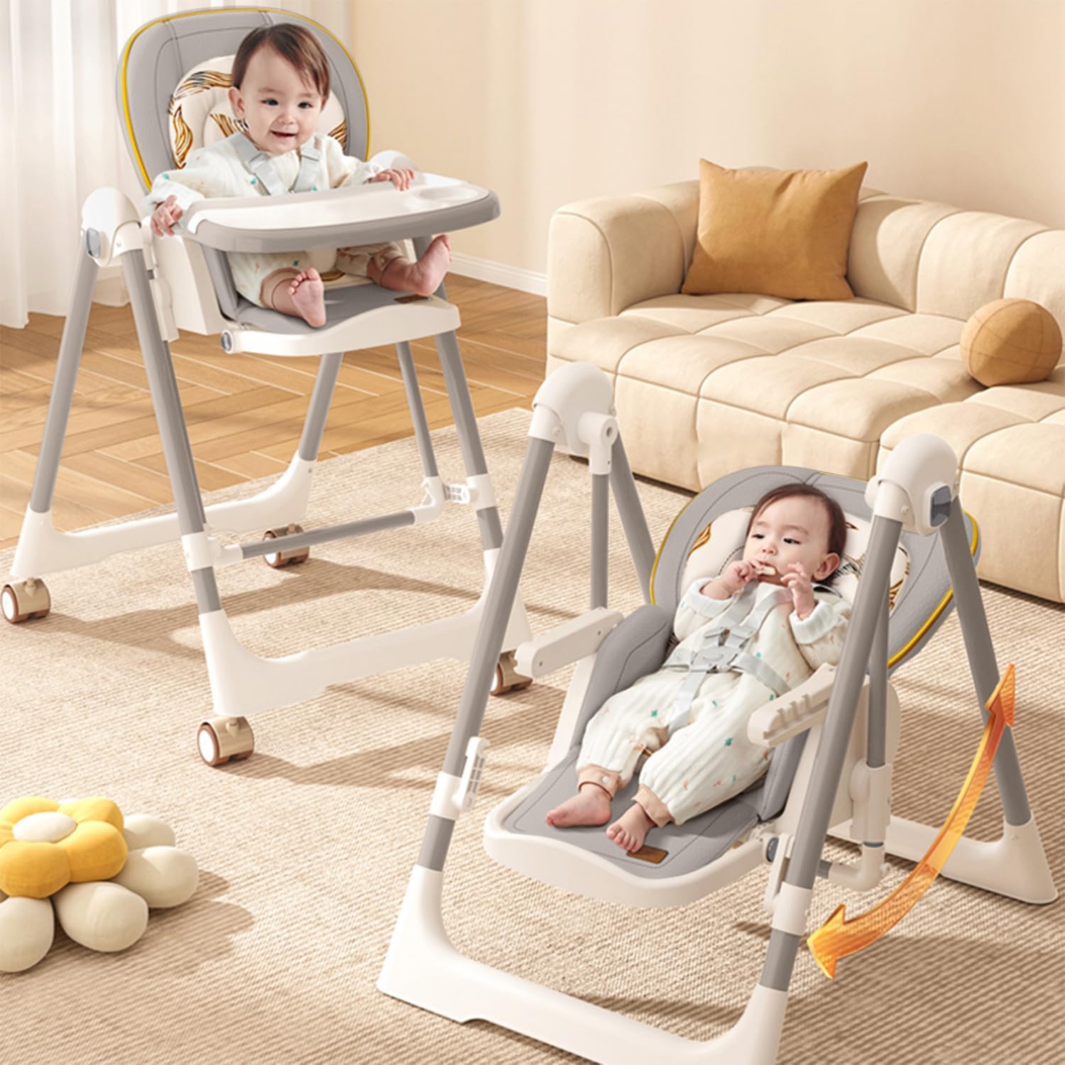 R for Rabbit Marshmallow Smart 3-in-1 High Chair with Swing for Baby, Adjustable Height, Dual Tray, Reclinable Backrest & Footrest Feeding Chair for 0.6-5 Years Kids |(Abstract Grey)-image-23