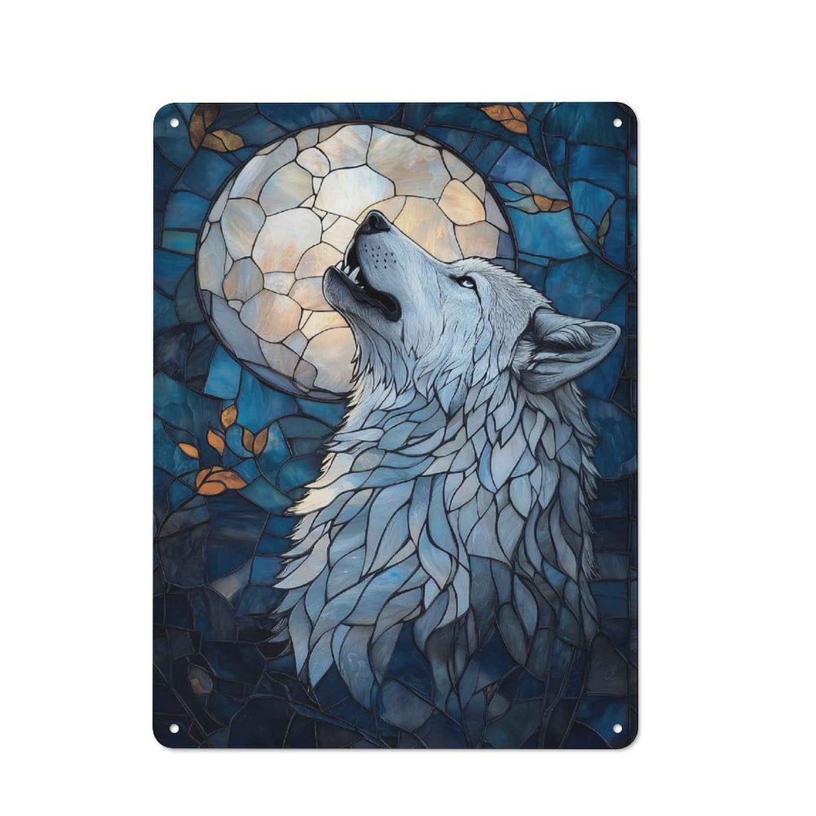 Tin Wall Plaque 40x30cm with Howling Wolf Stained Glass Art for Hallway Wall, with Clear Retro Wall Decor Character