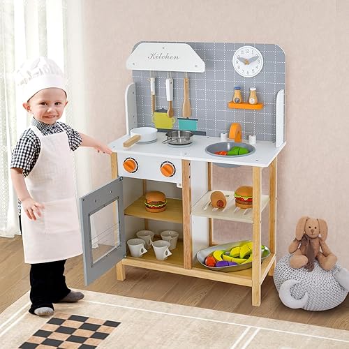 Miniatura 8 de HONEY JOY Juego de cocina para niños, juego de cocina de madera para niños pequeños con fregadero, estufa y horno, accesorios de cocina, armario de