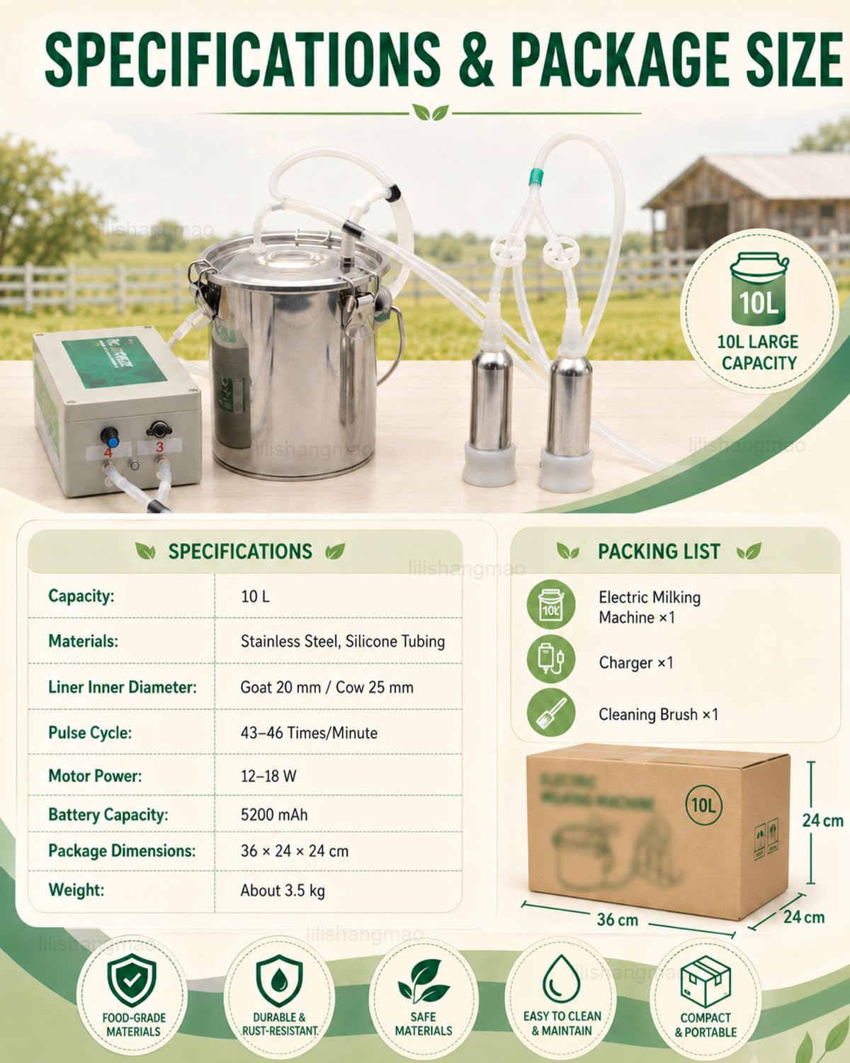 Ordeñadora para Cabras, Máquina De Ordeño para Vacas con Cubo De Acero Inoxidable De 10 L, Batería De 5200 mAh, Parada Automática Y Pezoneras Separadas para Ganado Mixto forCattle