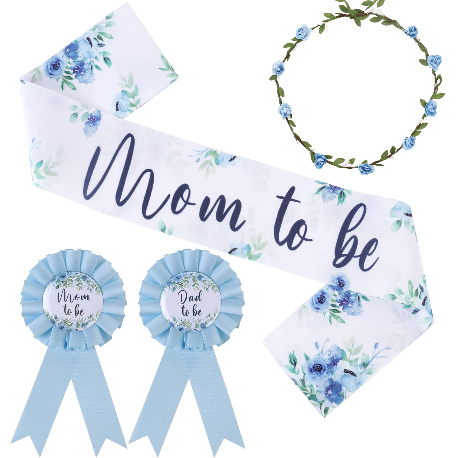 Serencatcher Baby in Bloom Baby Shower Decorations Boy, Floral Blue Mom to Be Maternity Sash Mom Dad to Be Button Tinplate Badge Pin Corsage Flower