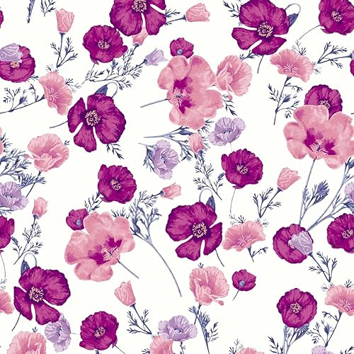 Texco Inc Diseño de lino con estampado floral medio, 100% poliéster, tela tejida no elástica, proyectos de bricolaje, rosa fucsia blanca rota 5