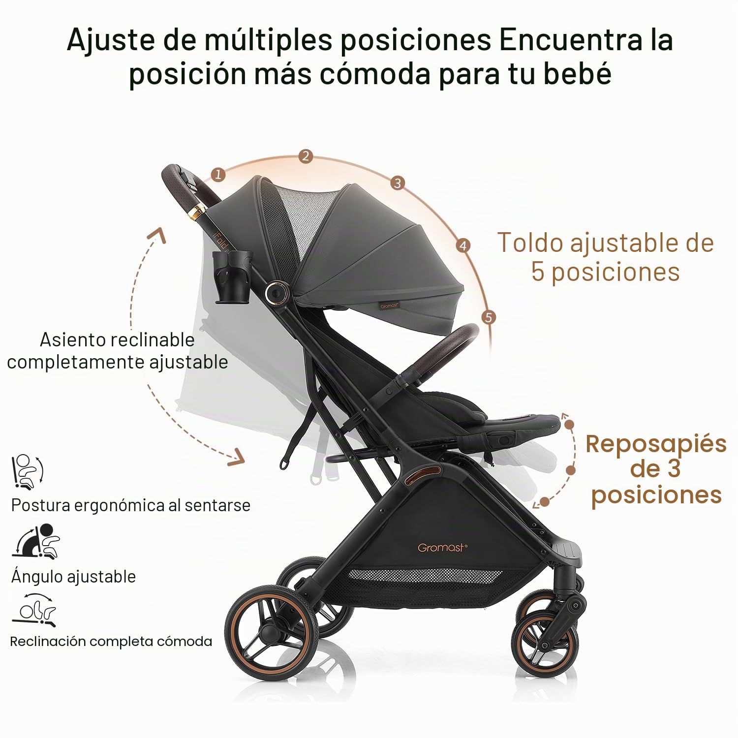Gromast Cochecito de bebé plegable Gravity, cochecito de viaje portátil con respaldo ajustable y toldo, ligero y protegido contra los rayos UV, plegable automáticamente con una mano, Gris