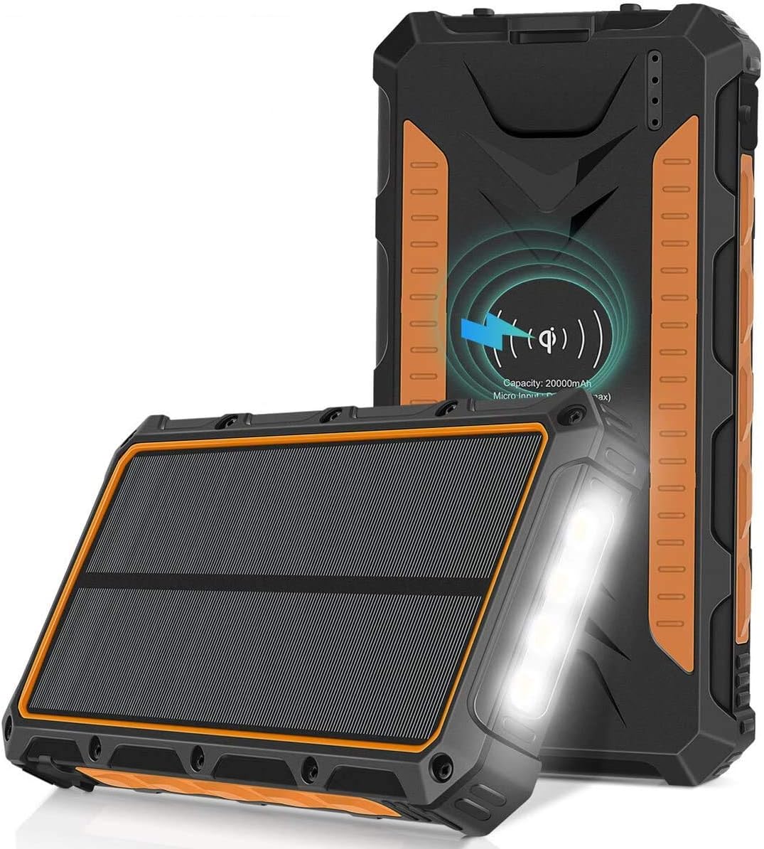 Sendowtek Solar Charger 20000mAh QI Wireless Power Bank Portable External Battery Pack Charger, 3 Output Ports 4 LED Flashlight, Solar Panel Charging for Travel, Camping, Emergency, etc.